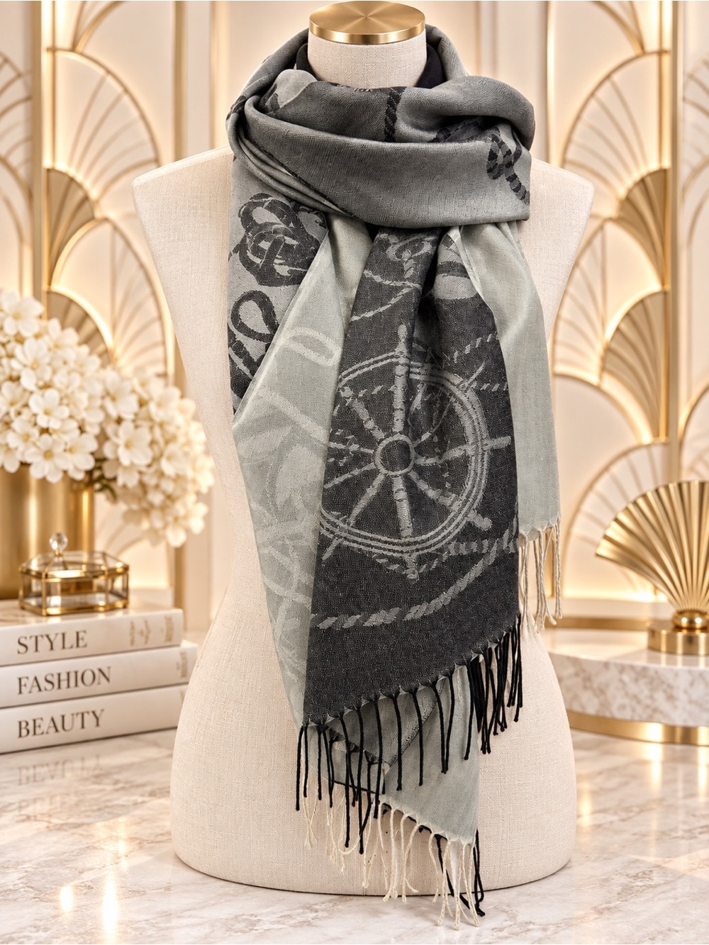 🆕🔥Soft Silver Gray Ombre Pattern Pashmina Scarf